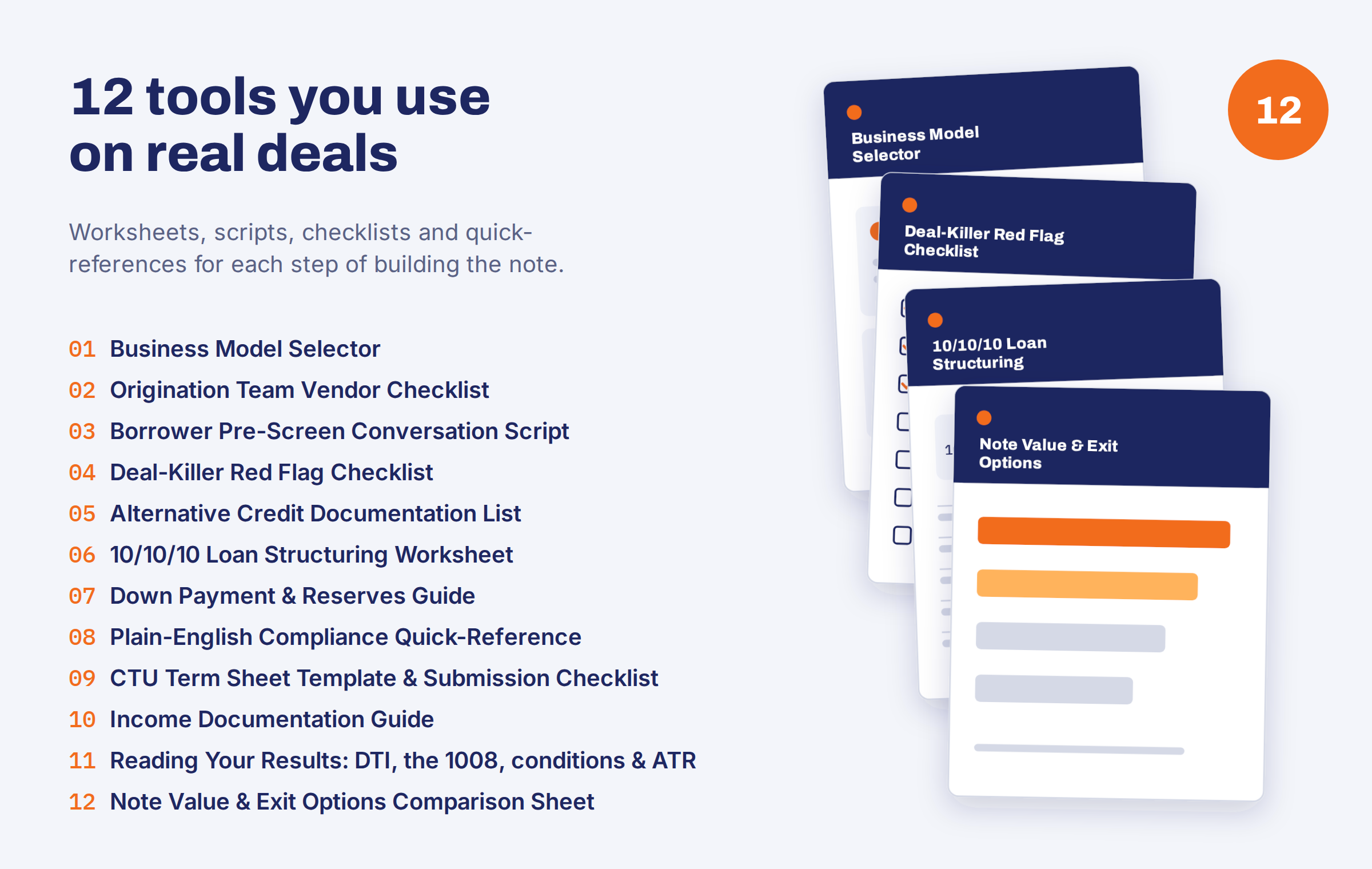 12 tools you use on real deals: Business Model Selector; Origination Team Vendor Checklist; Borrower Pre-Screen Conversation Script; Deal-Killer Red Flag Checklist; Alternative Credit Documentation List; 10/10/10 Loan Structuring Worksheet; Down Payment and Reserves Guide; Plain-English Compliance Quick-Reference; CTU Term Sheet Template and Submission Checklist; Income Documentation Guide; Reading Your Results: DTI, the 1008, conditions and ATR; Note Value and Exit Options Comparison Sheet.